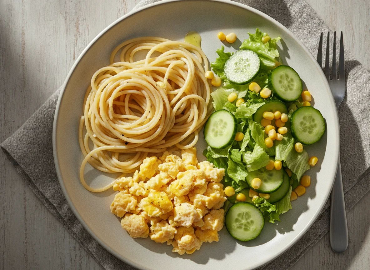 Espaguete com ovos mexidos e salada photo