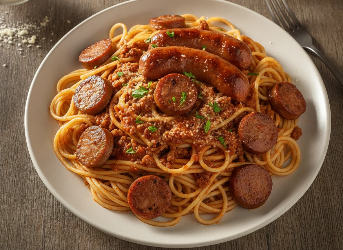 Espaguete com Salsicha e Molho de Tomate photo