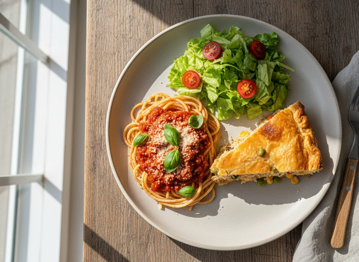 Espaguete com torta salgada e salada photo