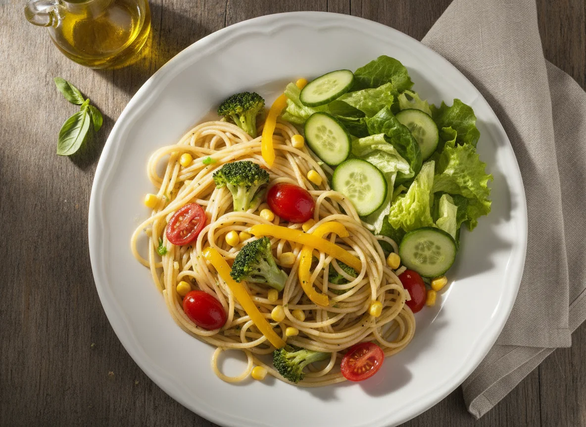 Espaguete com vegetais e salada verde photo