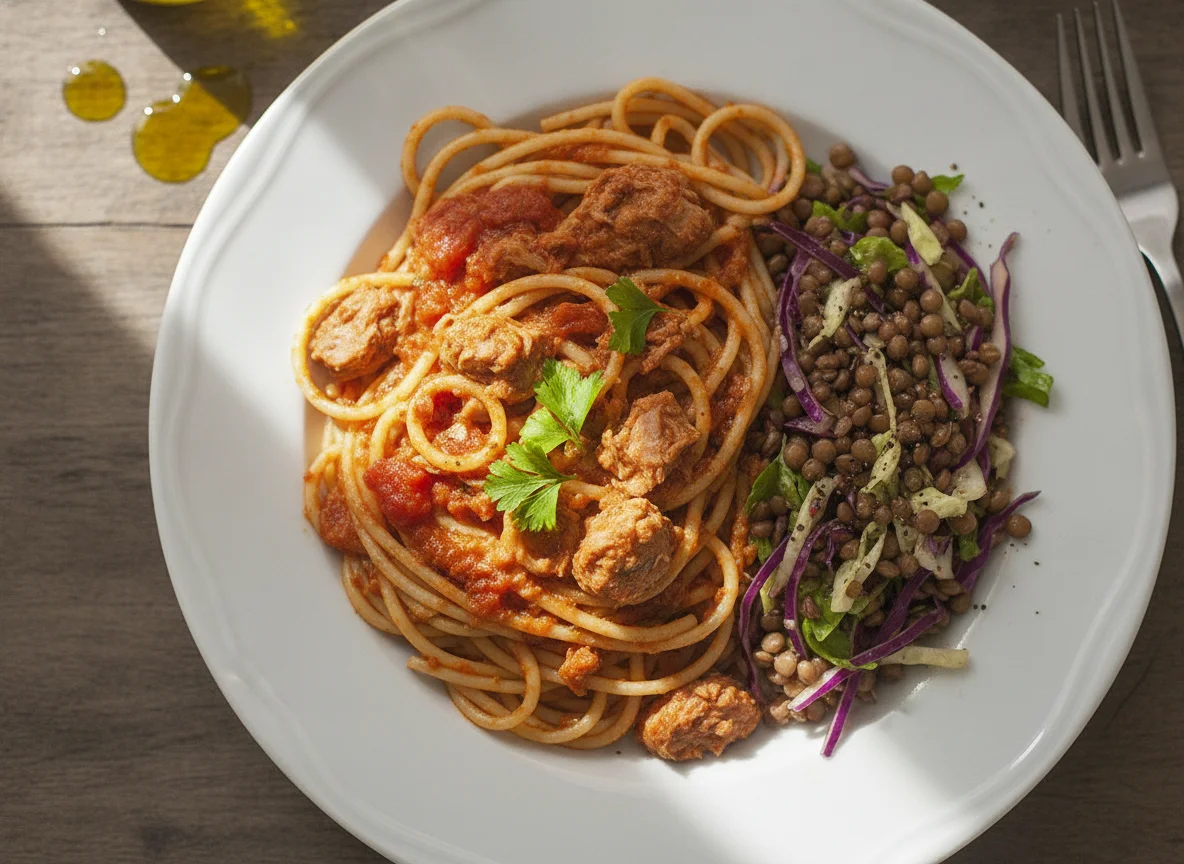 Esparguete com Atum e Salada de Lentilhas com Repolho photo