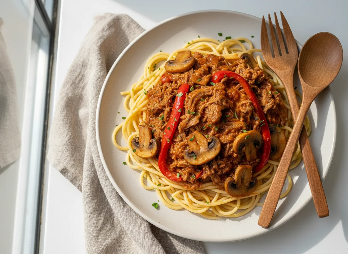 Esparguete com carne e cogumelos photo