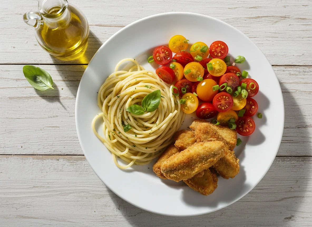 Esparguete com Douradinhos e Salada de Tomate Cereja photo