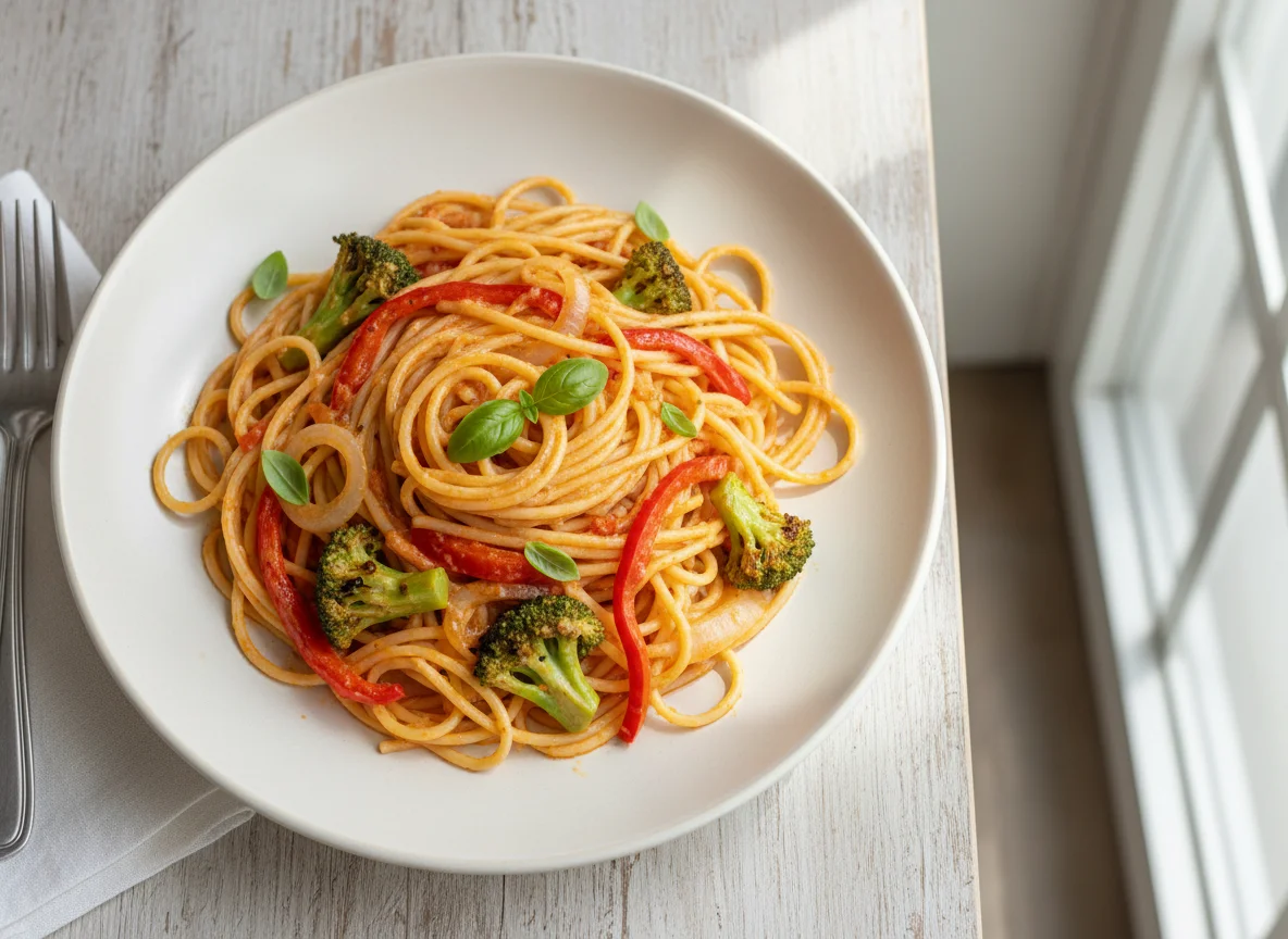 Esparguete com Molho de Tomate e Vegetais photo