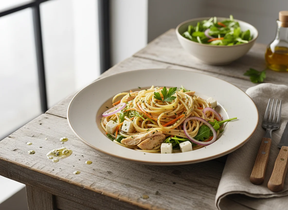 Esparguete com Salada de Frango e Vegetais photo