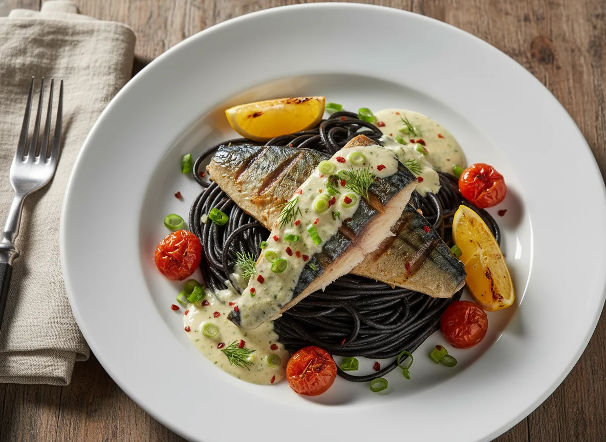 Esparguete Nero di Seppia com Peixe e Molho Cremoso photo