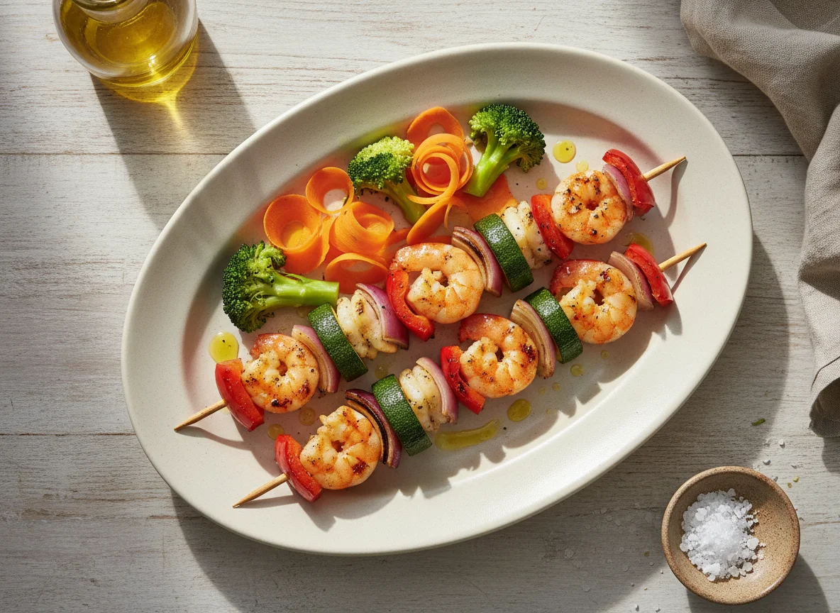 Espetada de camarão e vegetais com brócolos e cenouras photo
