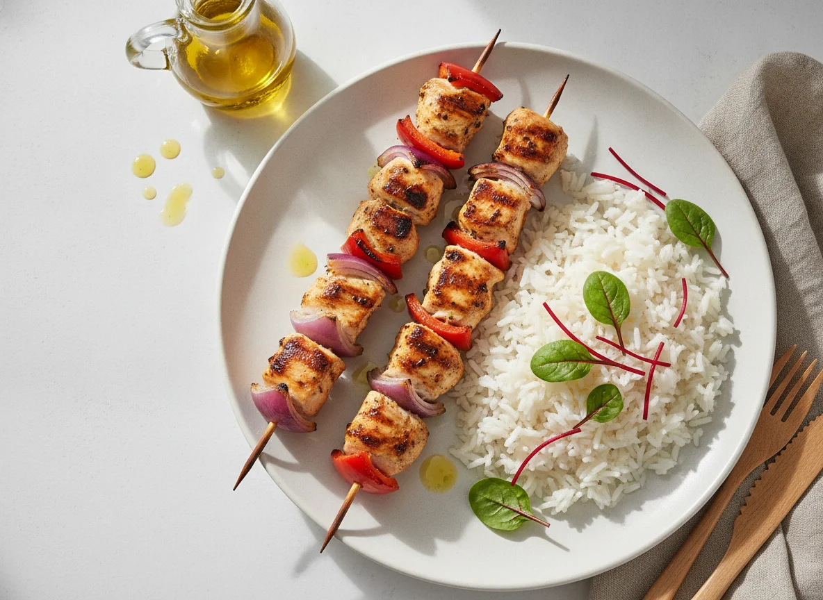 Espetada de frango com arroz branco photo