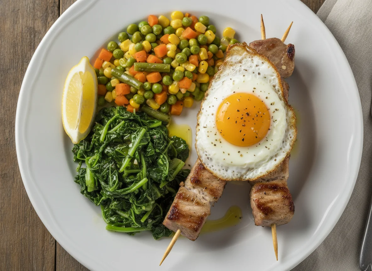 Espetadas de porco com ovo estrelado, couve e macedónia de legumes photo