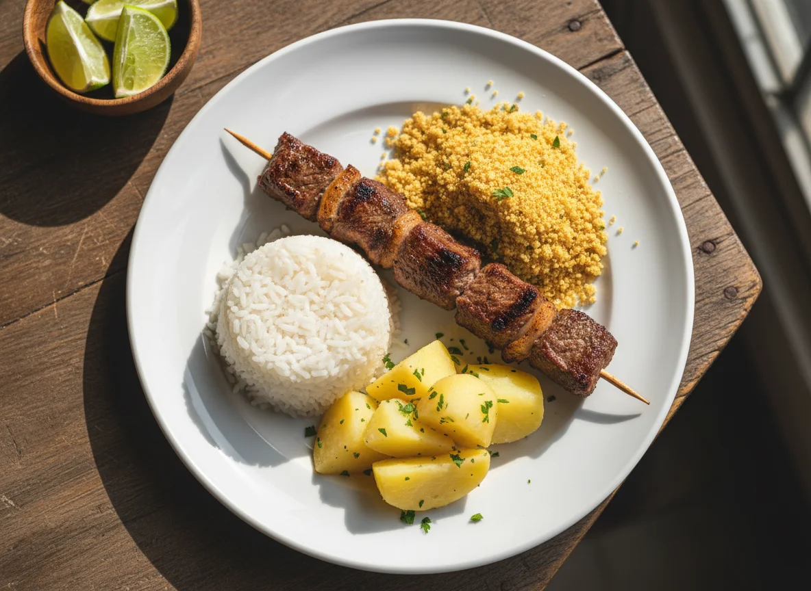Espetinho com arroz, farofa e batata photo
