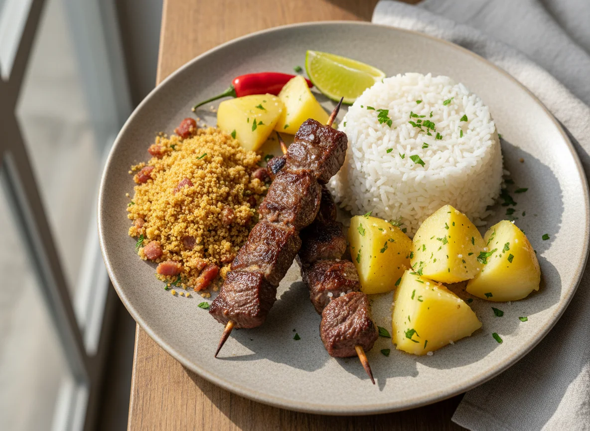 Espetinho de carne com arroz, farofa e batata photo