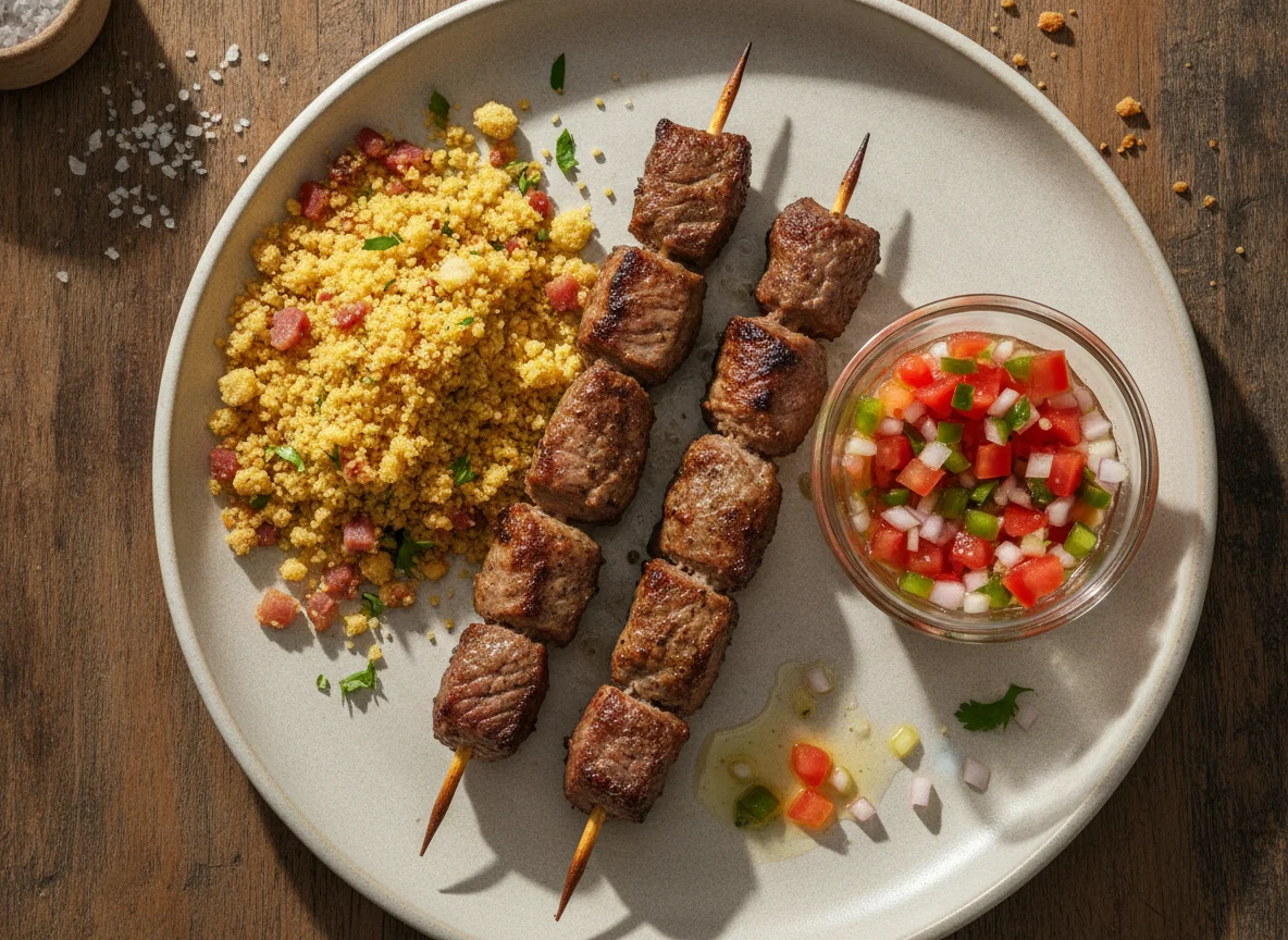 Espetinho de Carne com Farofa e Vinagrete photo