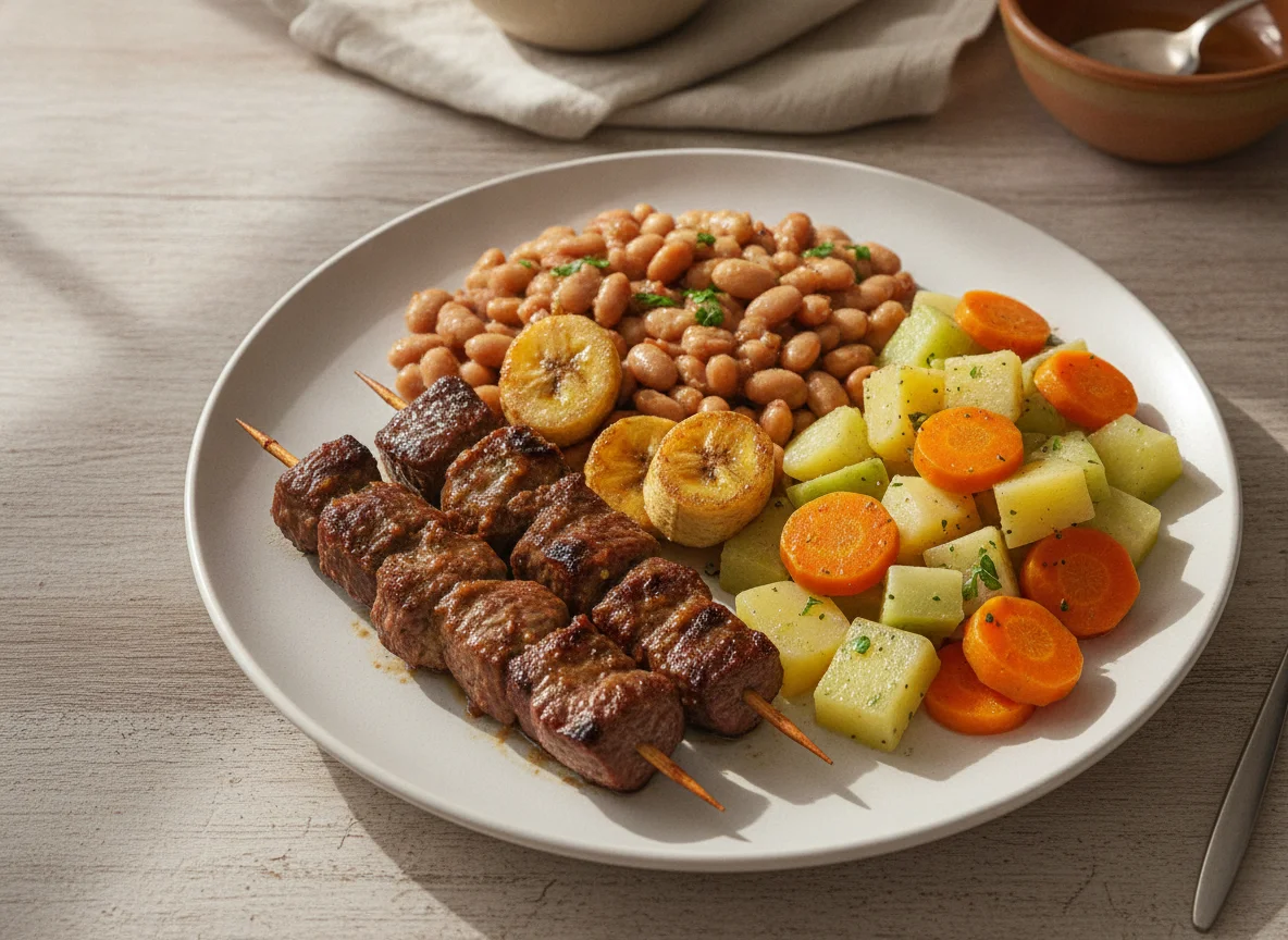 Espetinho de carne com feijão, legumes e banana photo