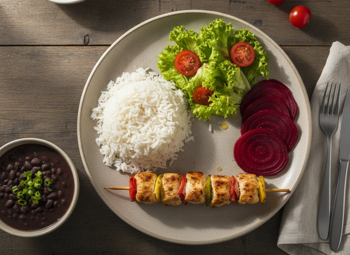 Espetinho de frango com arroz, feijão, beterraba e salada photo