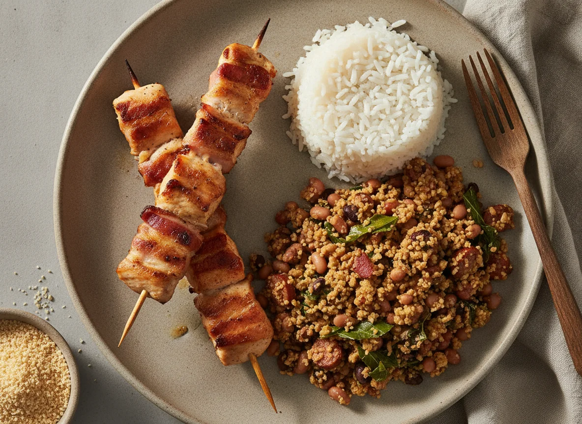 Espetinho de frango com bacon, feijão tropeiro e arroz photo