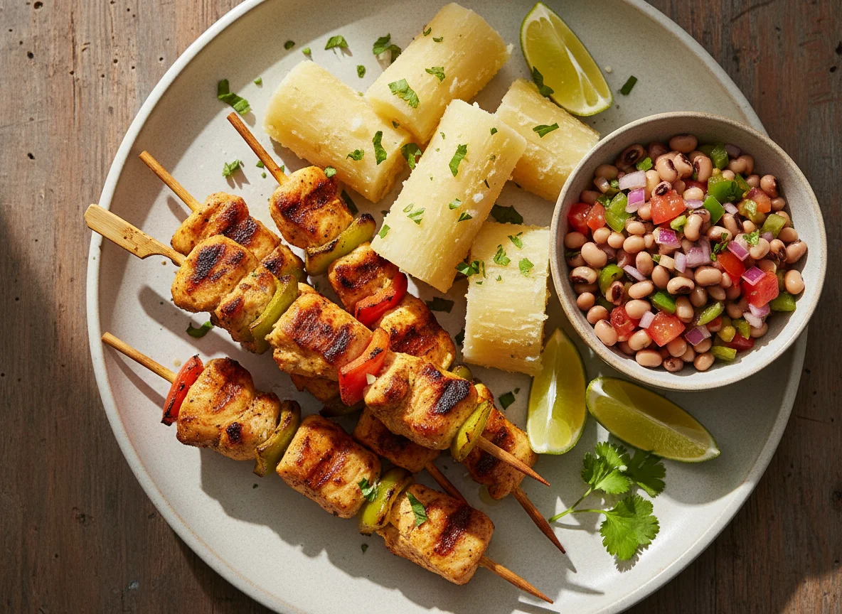 Espetinho de frango com mandioca e vinagrete de feijão fradinho photo