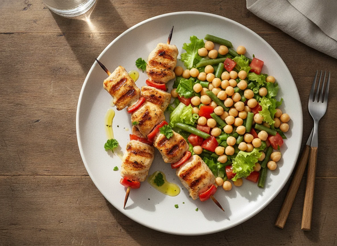 Espetinho de frango com salada de grão-de-bico e legumes photo