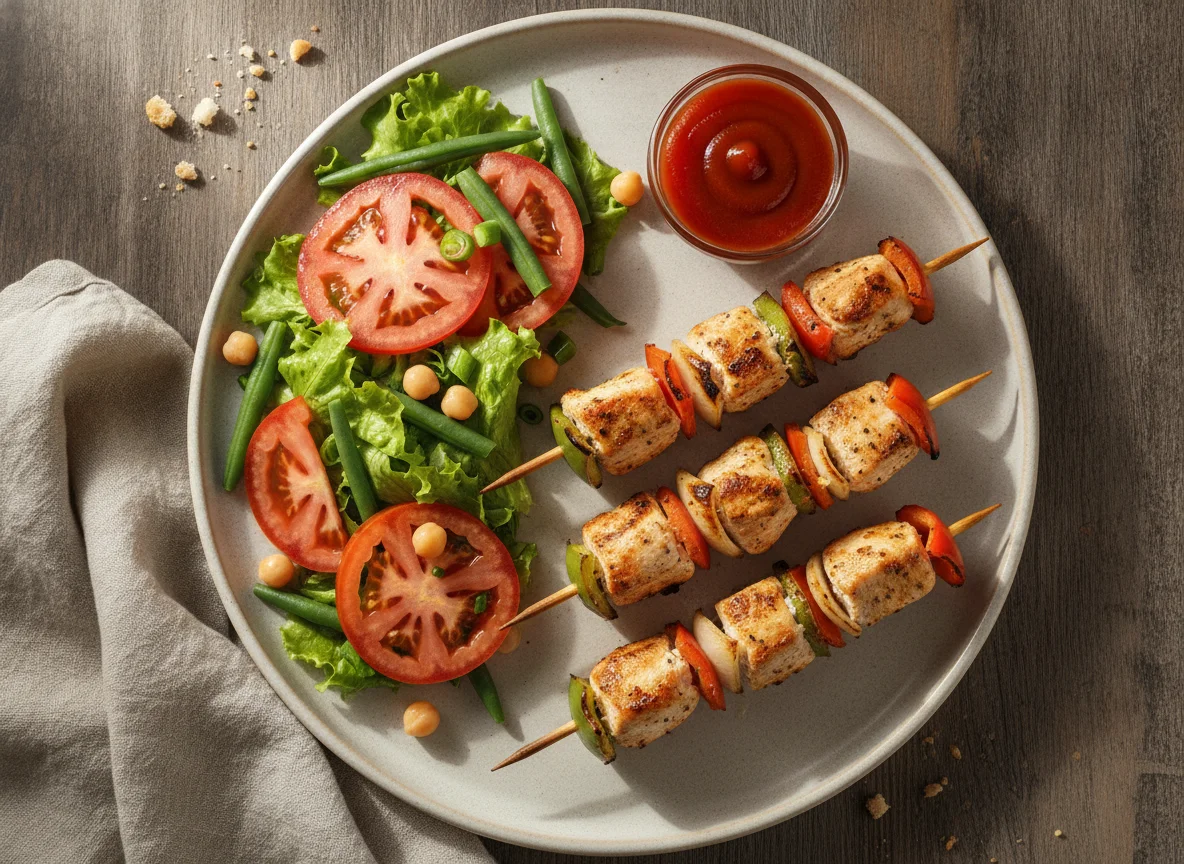 Espetinho de frango com salada e legumes photo