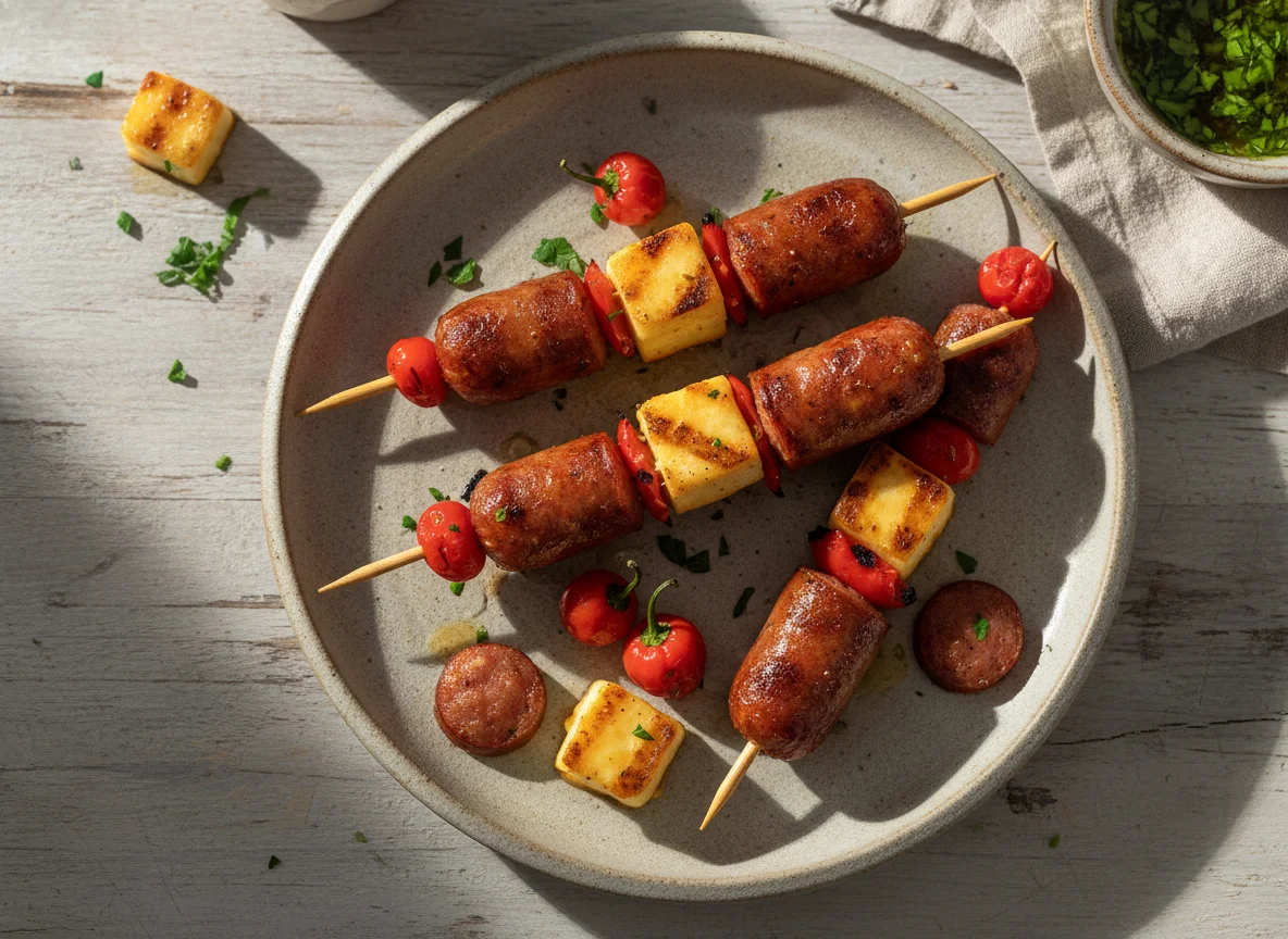 Espetinho de linguiça defumada, queijo e pimenta biquinho photo