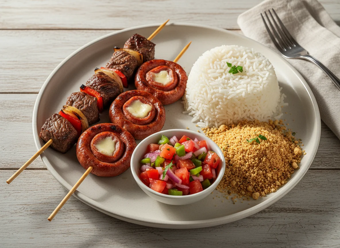 Espetinhos com arroz, farofa e vinagrete photo