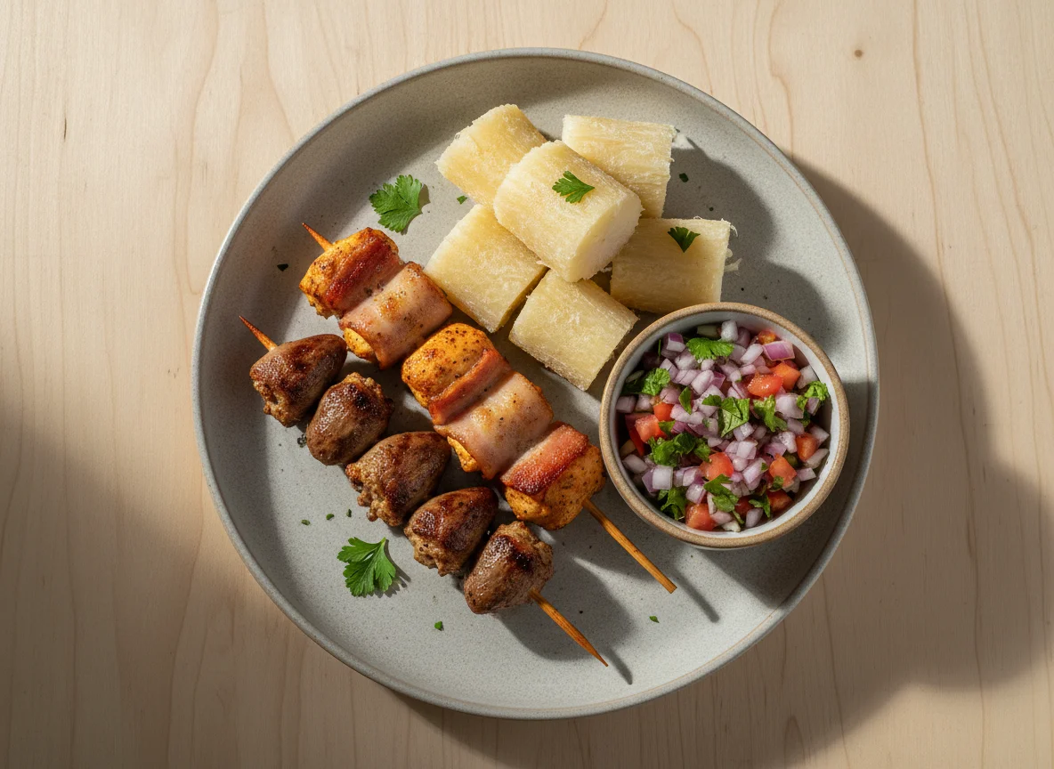 Espetinhos com mandioca e vinagrete photo