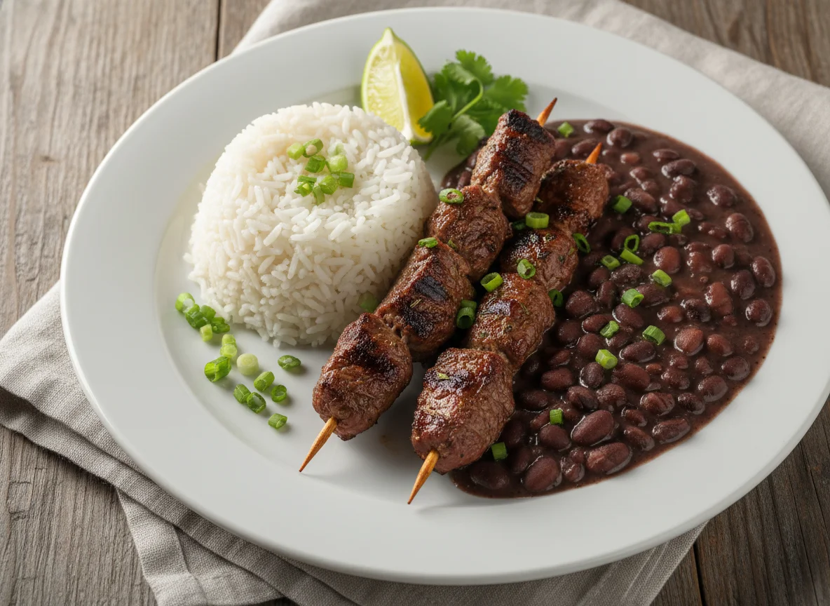 Espetinhos de carne com arroz e feijão photo
