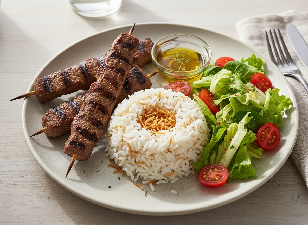 Espetinhos de Carne com Arroz e Salada photo