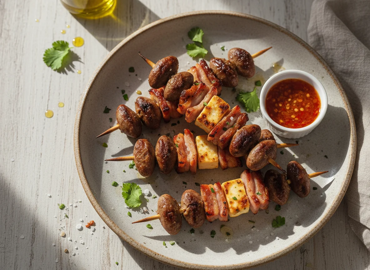 Espetinhos de Coração de Frango e Queijo Coalho com Bacon photo