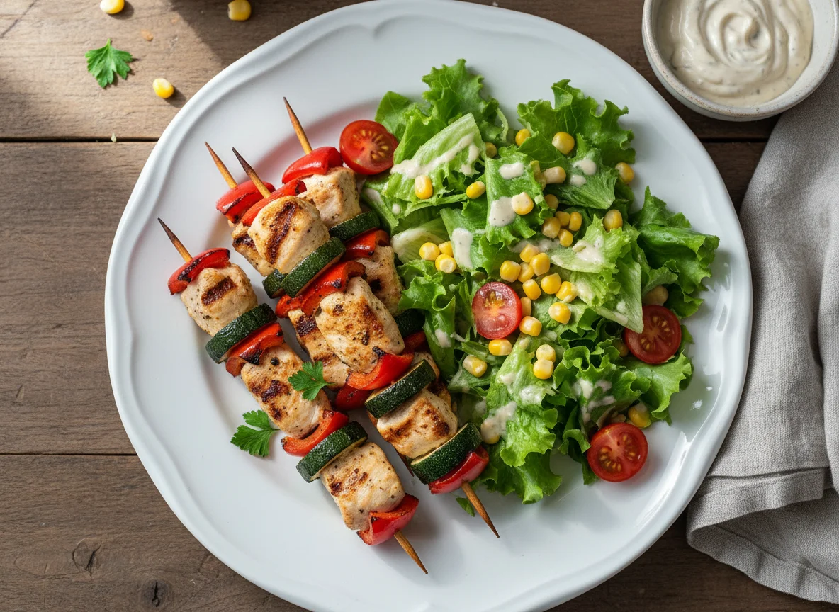 Espetinhos de frango com legumes e salada photo