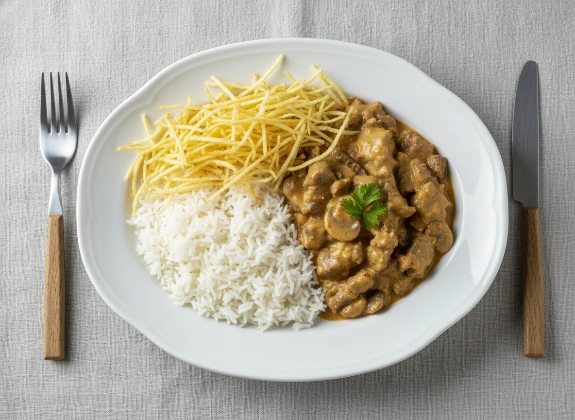Estrogonofe com Arroz e Batata Palha photo