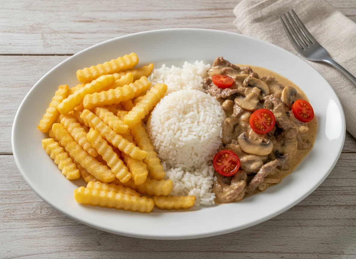 Estrogonofe com Arroz e Batatas Fritas photo