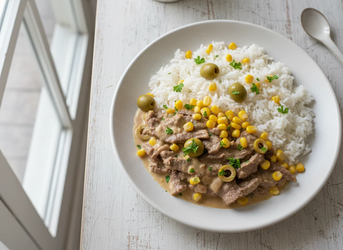 Estrogonofe com Arroz, Milho e Azeitonas photo