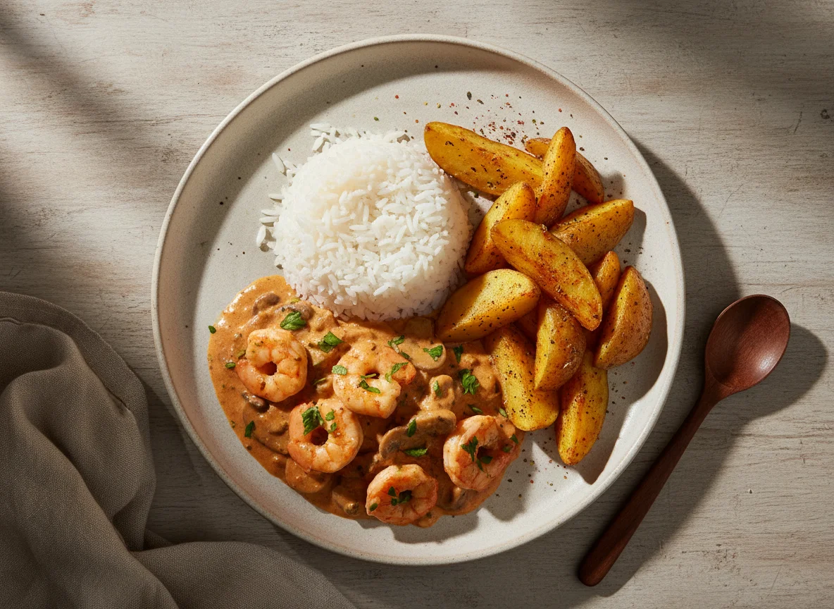 Estrogonofe de camarão, arroz e batata assada com páprica photo