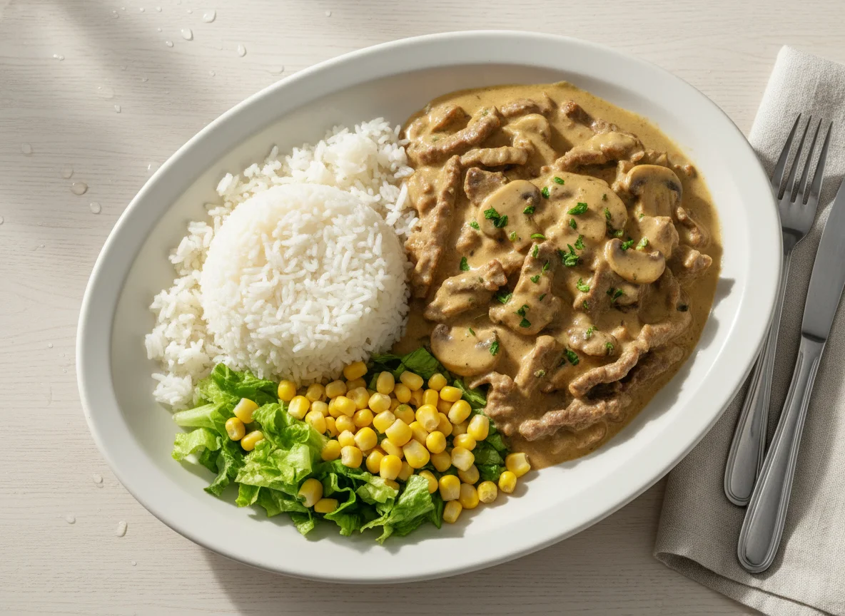 Estrogonofe de carne com arroz, alface e milho photo