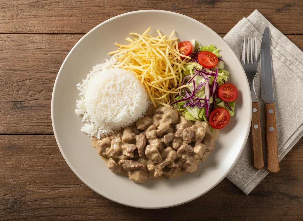 Estrogonofe de carne com arroz, batata palha e salada photo