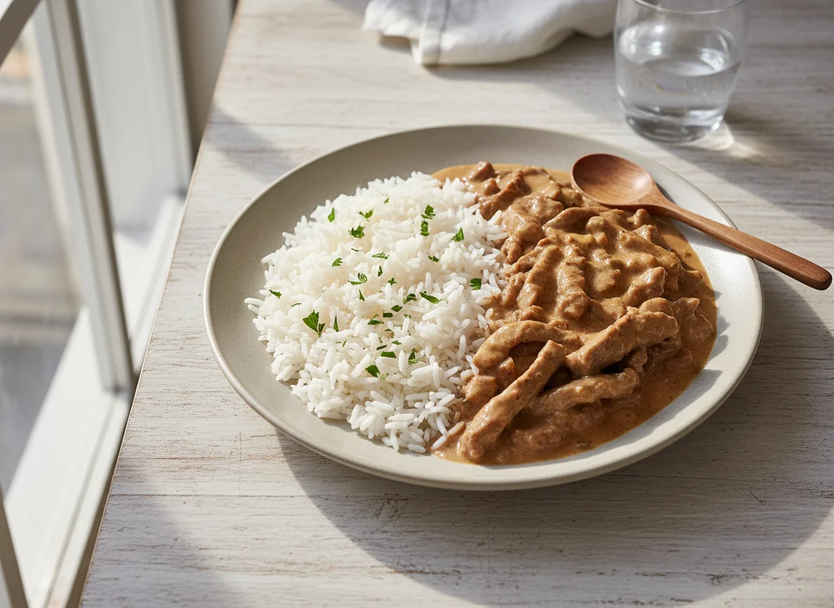 Estrogonofe de carne com arroz branco photo