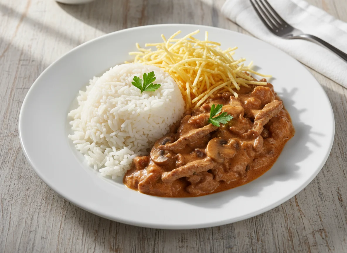 Estrogonofe de carne com arroz e batata palha photo