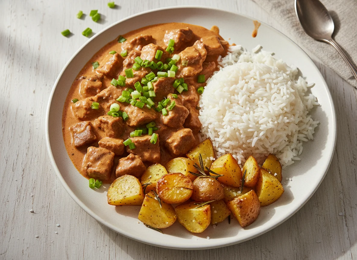 Estrogonofe de carne com arroz e batata rústica photo