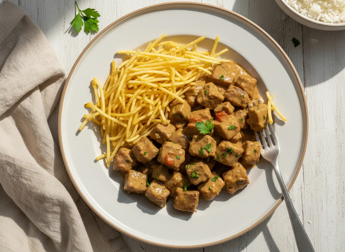 Estrogonofe de carne com batata palha photo