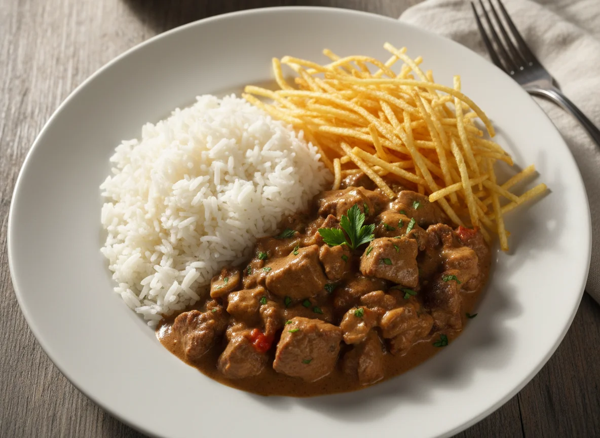 Estrogonofe de carne com batata palha e arroz photo