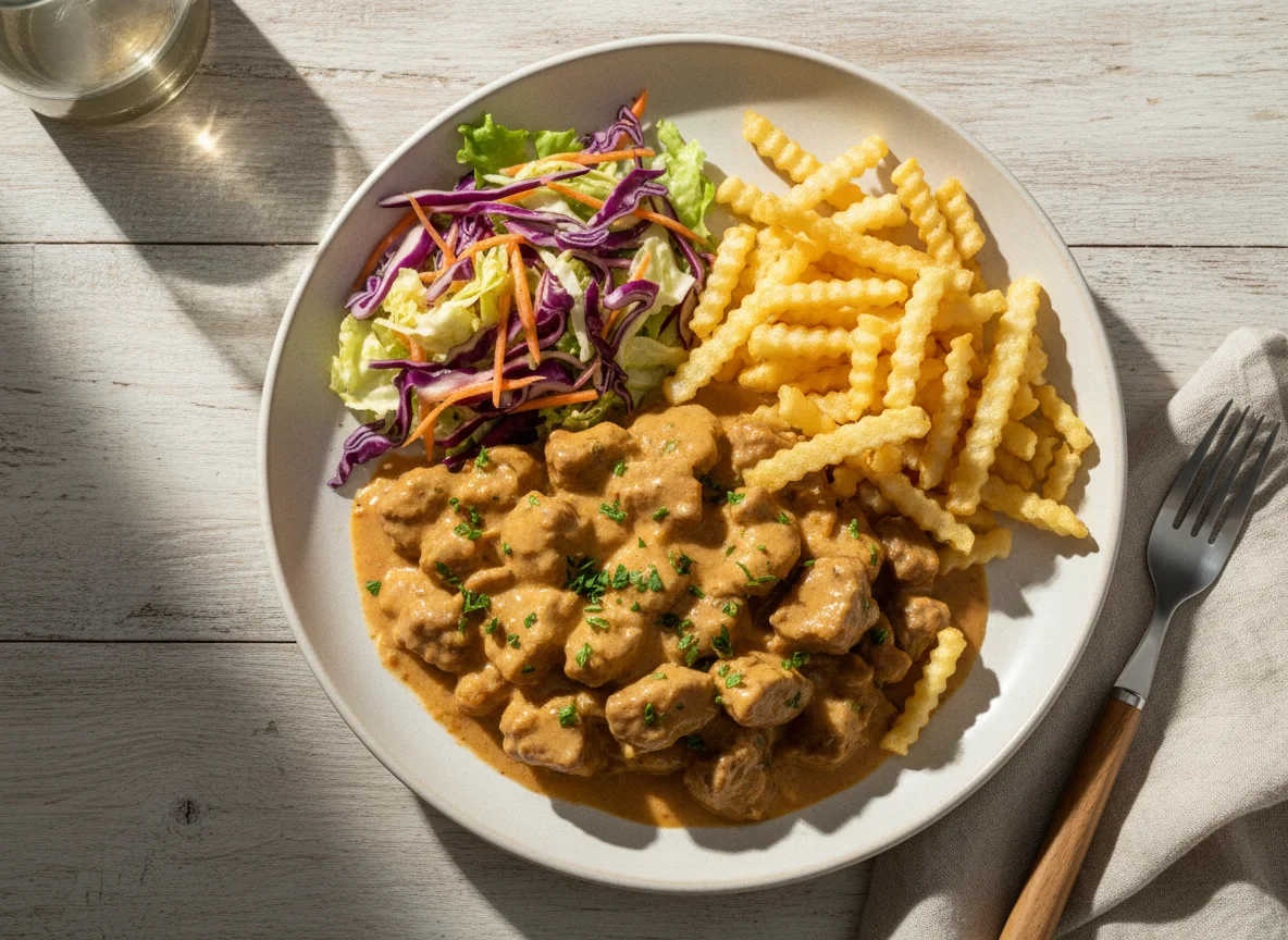 Estrogonofe de carne com batata palha e salada de repolho e cenoura photo