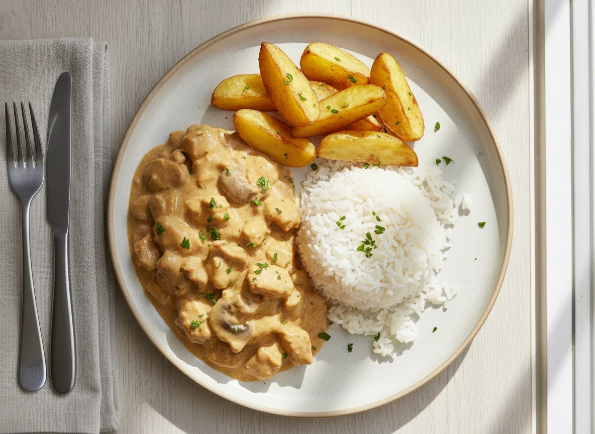 Estrogonofe de frango, arroz e batata assada photo