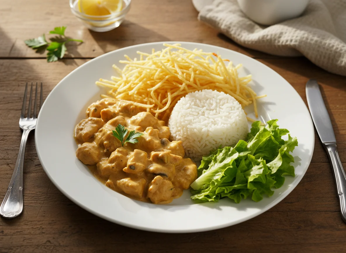 Estrogonofe de frango com arroz, batata palha e alface photo