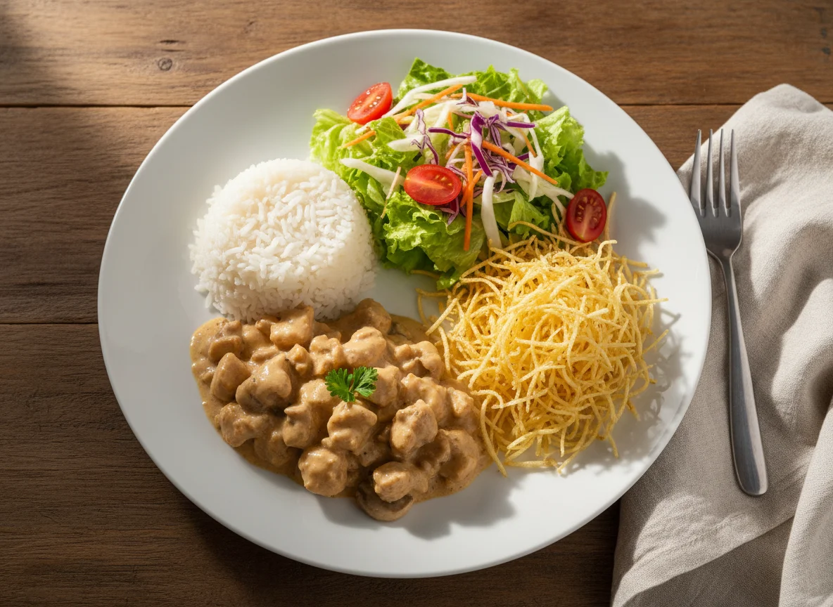 Estrogonofe de frango com arroz, batata palha e salada photo
