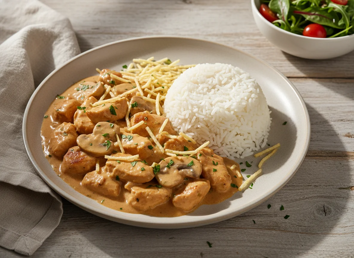 Estrogonofe de frango com arroz branco photo