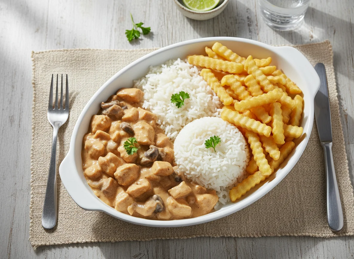 Estrogonofe de frango com arroz e batata frita photo