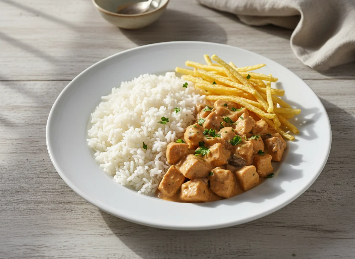 Estrogonofe de frango com arroz e batata palha photo