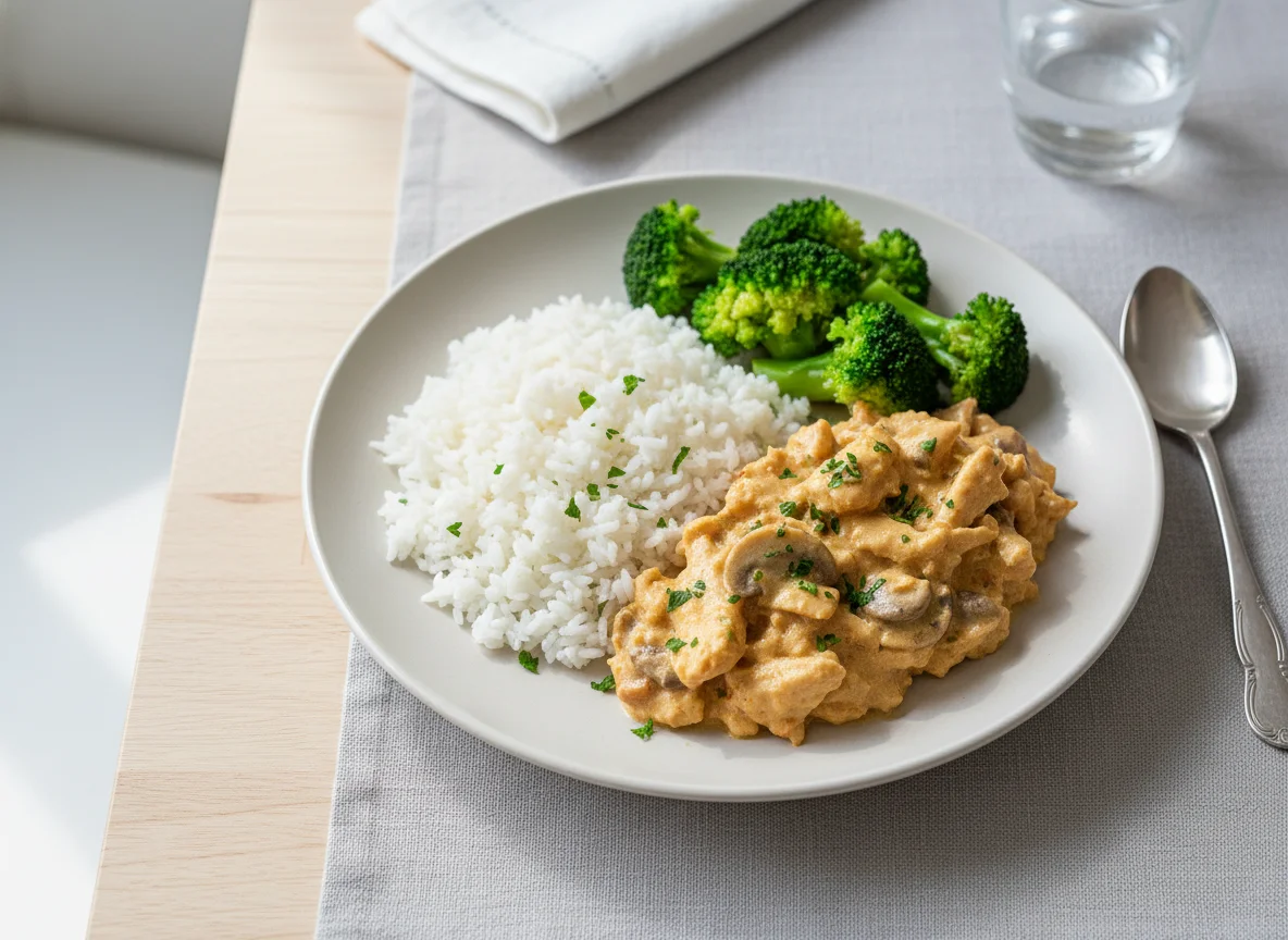 Estrogonofe de frango com arroz e brócolis photo