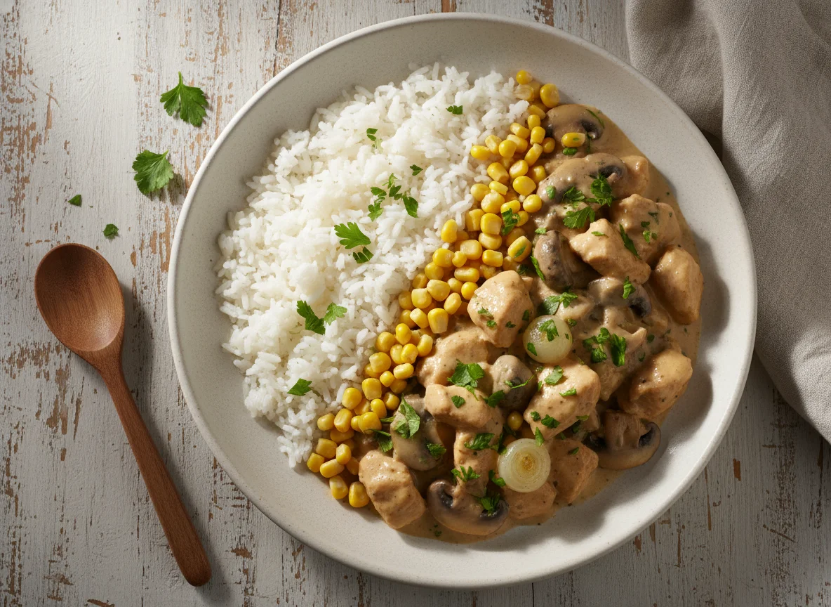 Estrogonofe de frango com arroz e milho photo