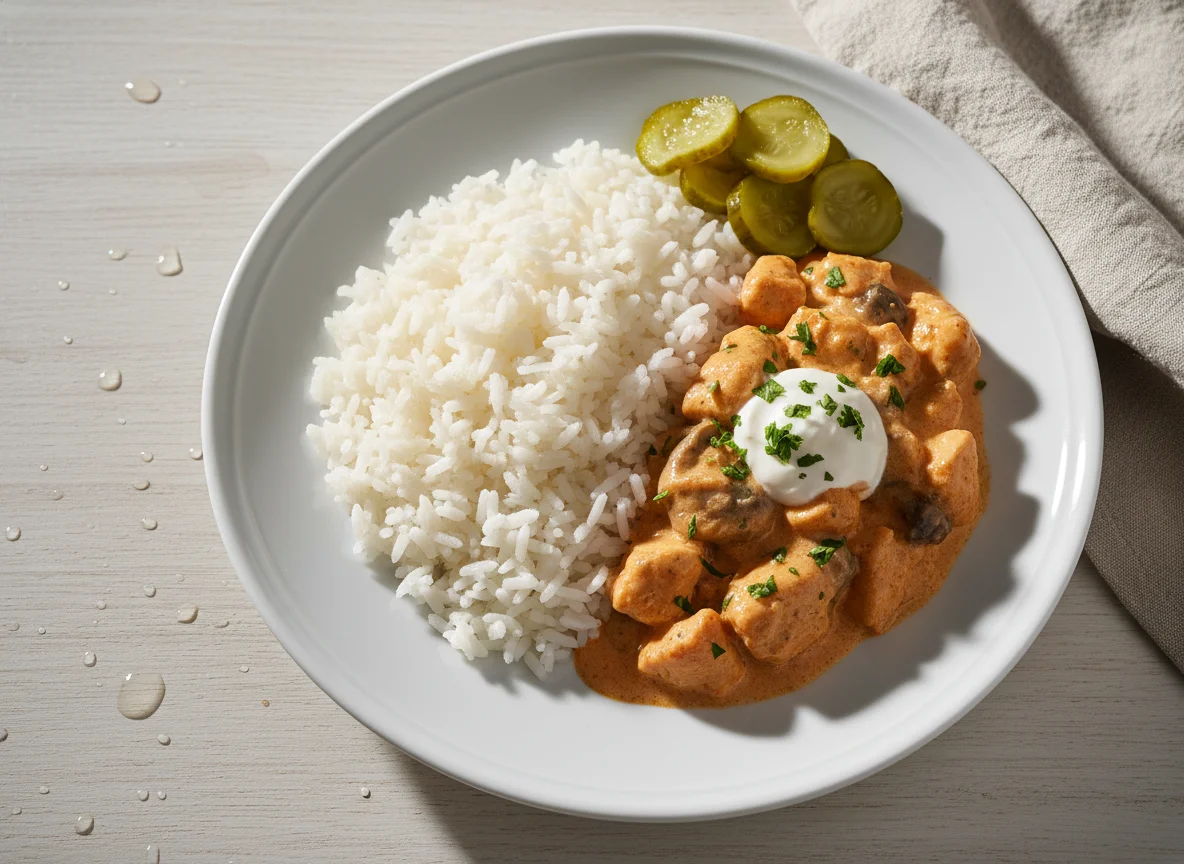 Estrogonofe de frango com arroz e pepino em conserva photo